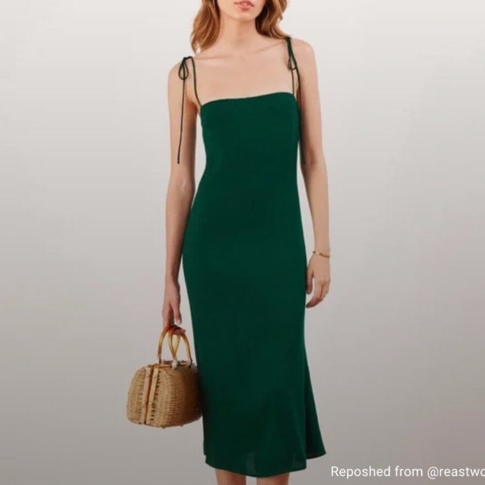 Reformation Finley Midi Forest Green Dress, tie straps